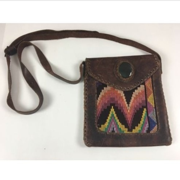 Handbags - Vtg Leather Crossbody Purse Embroidered Suede